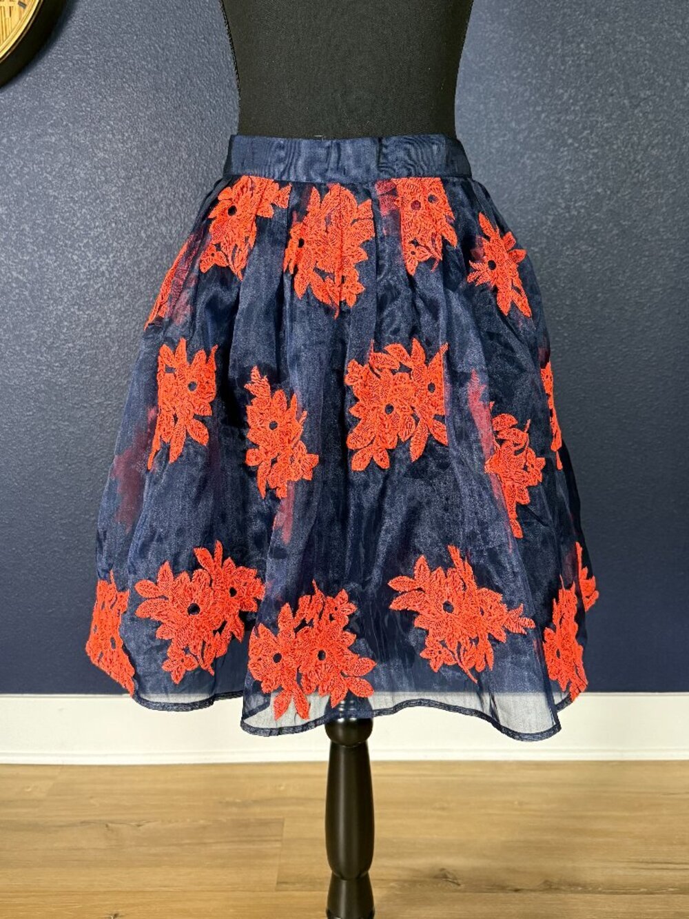 Maeve Anthropologie Pome Blossom Navy Coral Floral Organza Skirt | 4